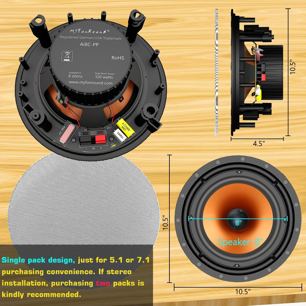 MFR 8" Ceiling Speakers, 120W 2-Way in-Ceiling/Wall Round Surround Sound for Whole House Audio, Home Theater, Indoor/Outdoor - Bath, Kitchen, Porches, 8 Ohms