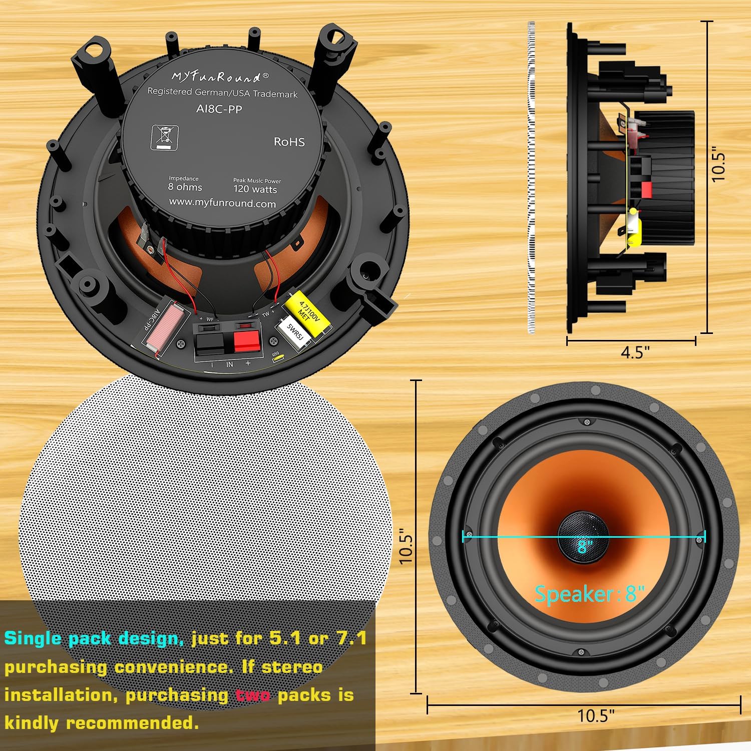 MFR 8" Ceiling Speakers, 120W 2-Way in-Ceiling/Wall Round Surround Sound for Whole House Audio, Home Theater, Indoor/Outdoor - Bath, Kitchen, Porches, 8 Ohms